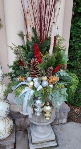 Brookfield Wisconsin Winter container arrangement urn planter Silver and gold birch poles pine cones winter greens