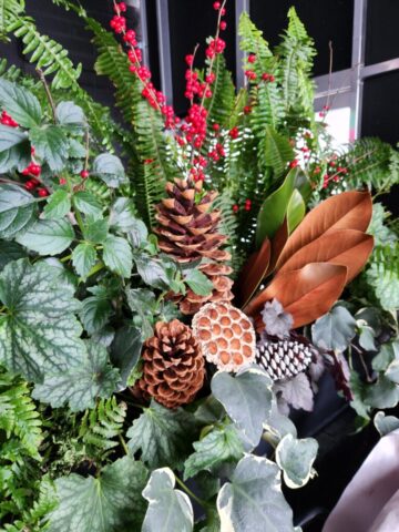 Brookfield Wisconsin enclosed restaurant patio where flourishing fall plants (Ivy, fern, plectranthus, heuchera) come together with Winter Accents (Pinecones, Lotus Pods, Winterberry, Dogwood Sticks and Magnolia) in this long planter