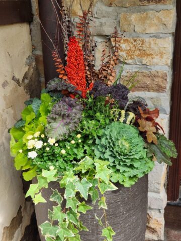 Front steps of home in Pewaukee WI custom planter planted for fall
