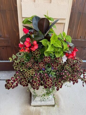 Summer season planter at garage entrance in Waukesha, WI