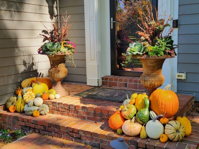 Brookfield, WI home with fall planters and pumpkin display