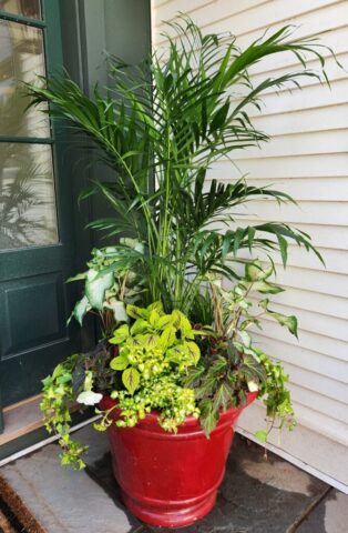 Custom planted shade planter for summer at lake home in Pewaukee, WI